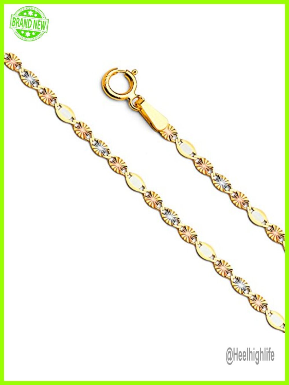 14k Real Tri Color Gold 2mm Flat Star Diamond Cut Chain Necklace